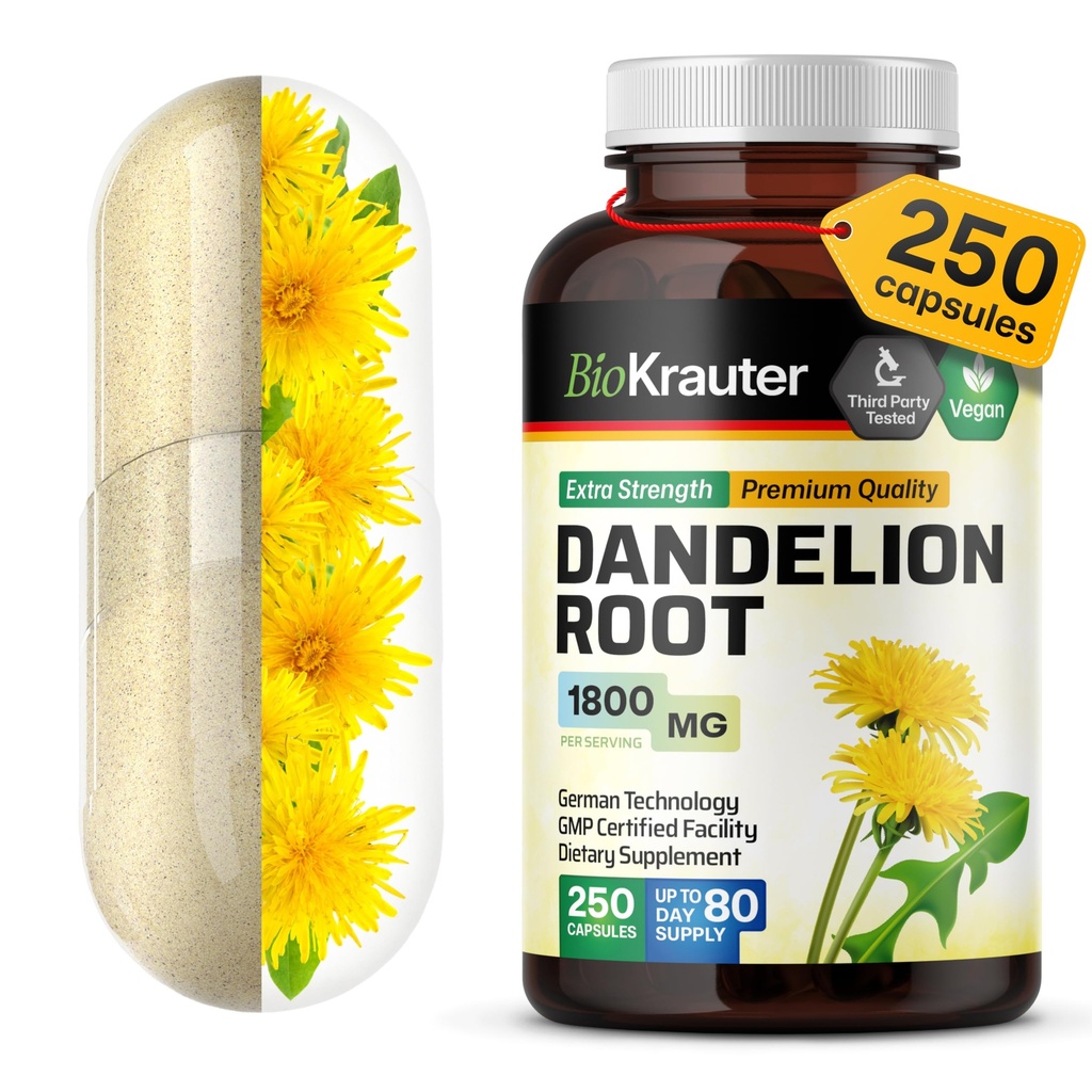 BIO KRAUTER Dandelion Root Supplement - 1800 mg Sterkte - 250 Telling - Dandelion Root Capsules - Vegan Capsules for Liver Support & Immunity