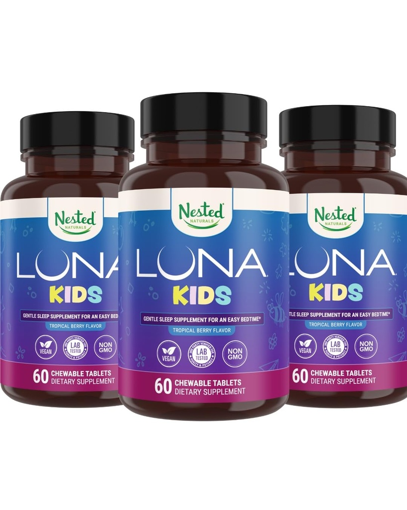 Nested Naturals Luna Kids Slaapsupplement - voor kinderen en Melatonine gevoelige volwassenen - Voorzichtig kruidensupplement met kamille, Melatonine, & Valeriaan - 180 Kauwtabletten (60 per fles)