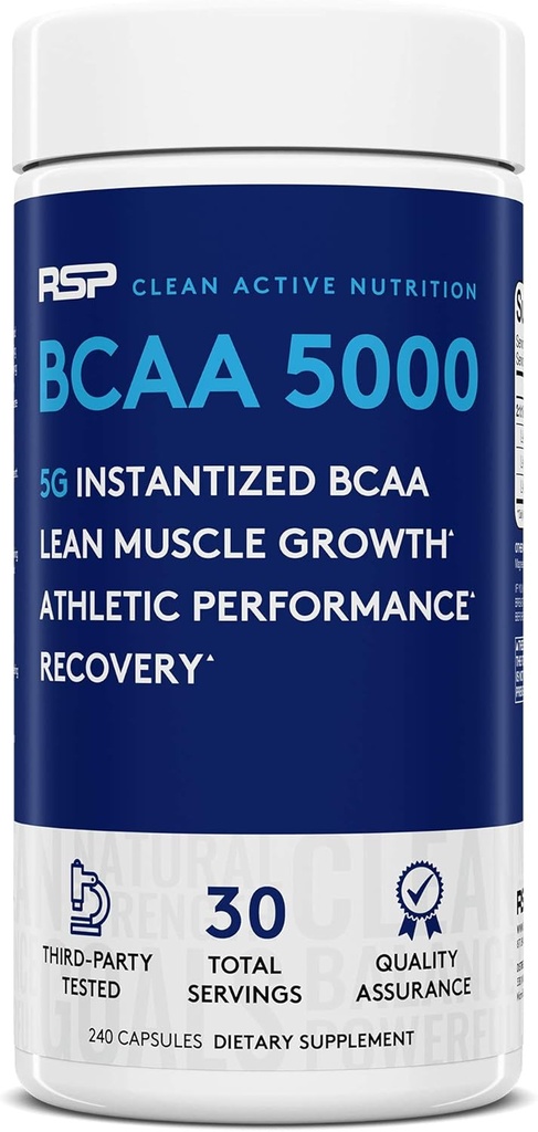 RSP BCAA 5000 (30 Serv), Premium BCAA Capsules for Post Workout Muscle Recovery, Endurance & Energy, 5g of Essential Branched Chain Amino Acids Per Serving