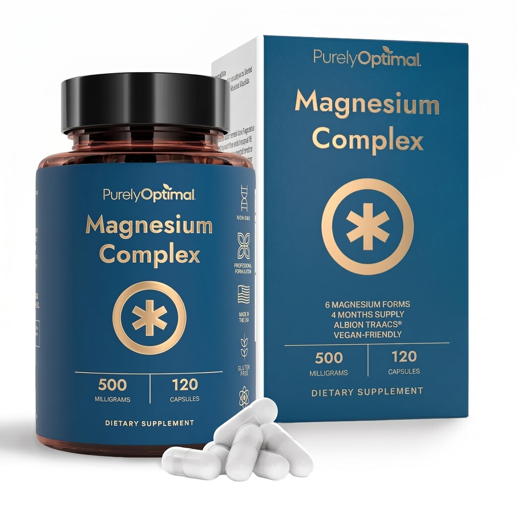 Puur Optimaal Magnesium Complex - 6 vormen Magnesium Glycinate, Citrate & Malate - Slaapondersteuning, Stress Relief, Spieren, Hart Gezondheid & Relaxation - Magnesium Supplement voor vrouwen & mannen, 120 Caps