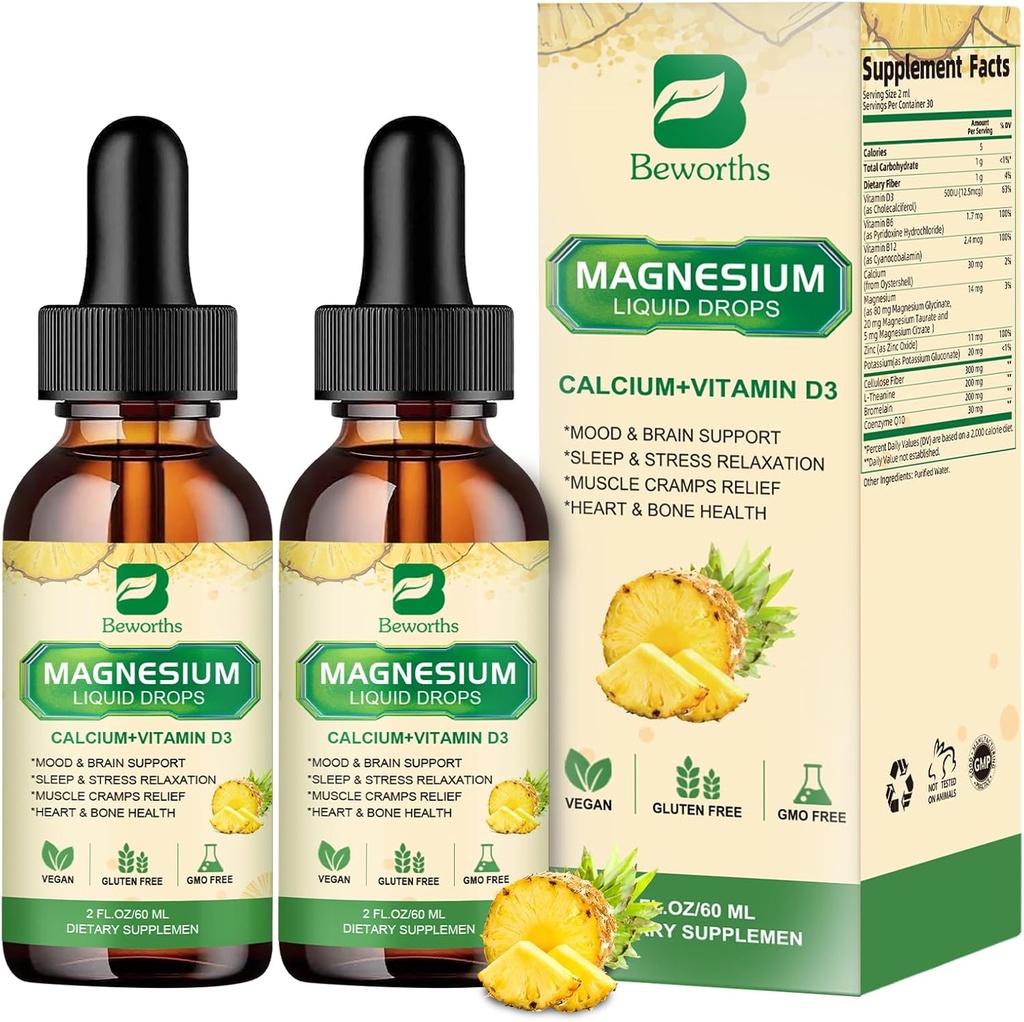 Magnesium Complex Liquid Drops, Magnesium Glycinate Liquid Drops met Magnesium Taurate, Citrate, Calcium, Kalium, Vitamine, Zink (2 Fl Oz (verpakking van 2), Ananas)