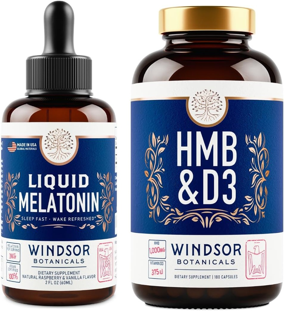 WINDSOR BOTANICA HMB met vitamine D3 Supplement en vloeibare Melatonine 3mg - workout en herstel bundel