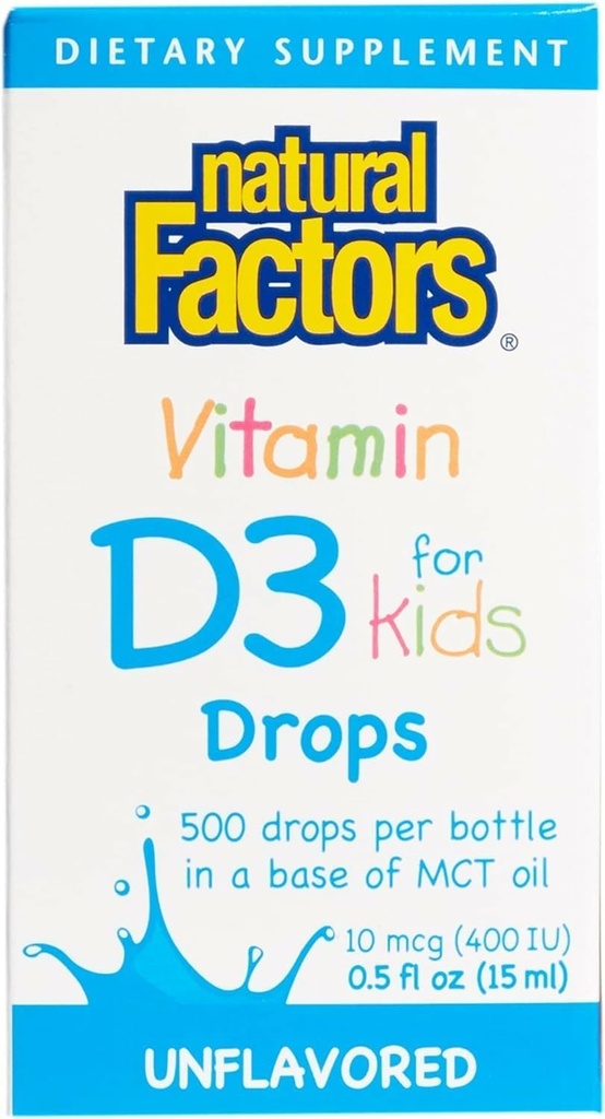 Natuurlijke factoren, vitamine D3 druppels 400 IE (10 mcg) voor kinderen, ondersteunt sterke botten en immuunfunctie, 0,5 fl oz, 0,5 Oz