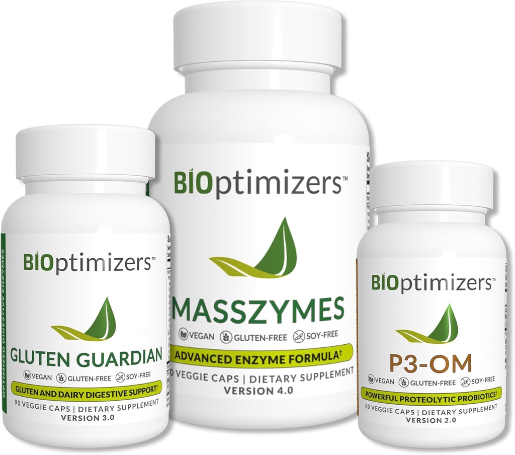 BiOptimizers Complete Gut Health Bundle - Digestieve enzymen met Probiotica en Prebiotica - Bloating Relief and Digestief Balance - P3-OM, Gluten Guardian, MassZymes (270 Capsules)