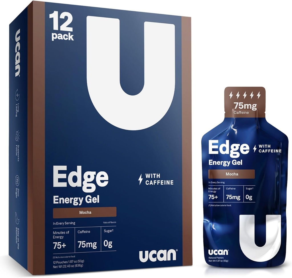 UCAN Edge Energy Gel Shots, Mocha + Cafeïne (12, 2 Ounce Packets) voor hardlopen, Training, Workouts, Fitness, Fitness, Crossfit, Sugar-Free, Vegan, & Keto Friendly Energy