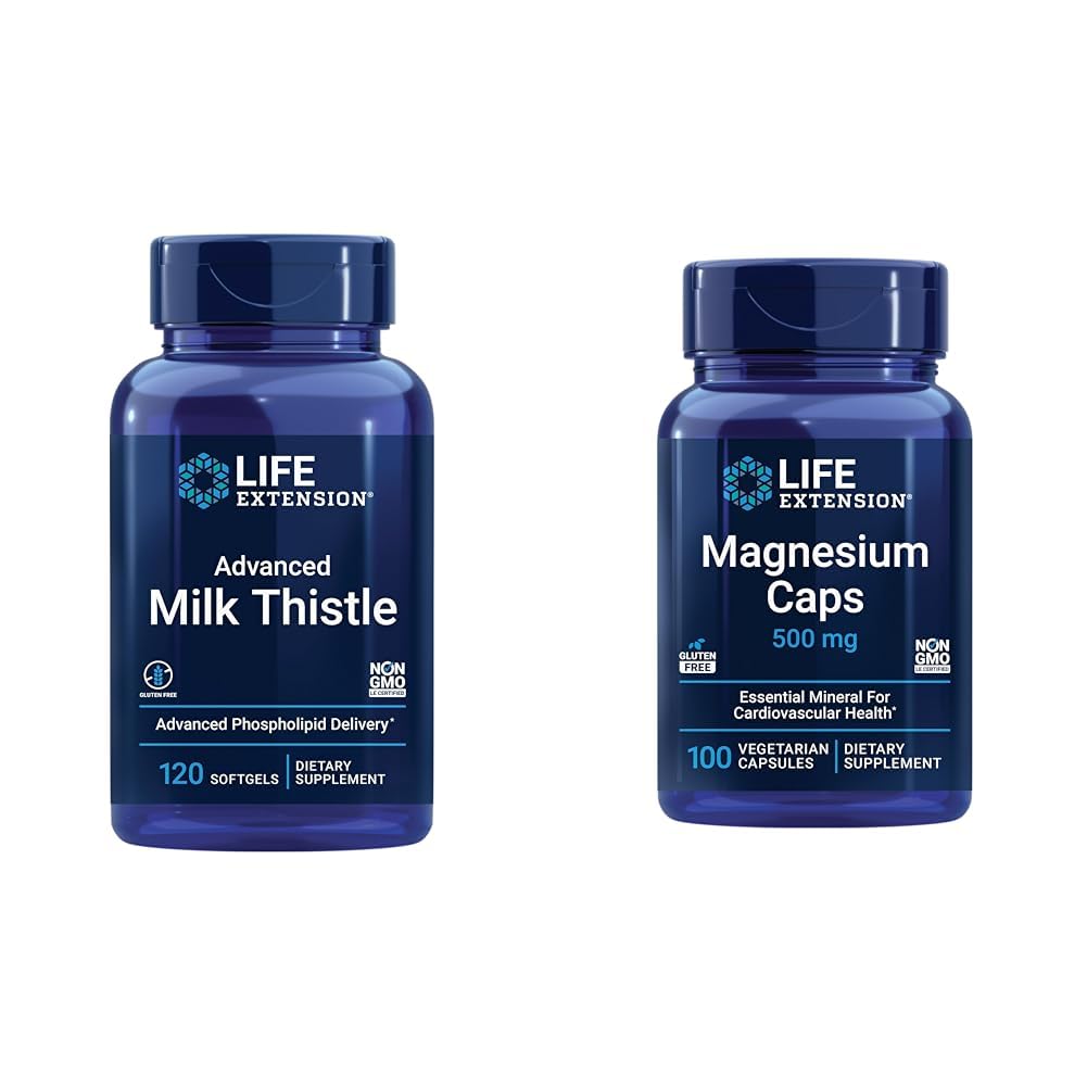 Life Extension Advanced Milk Thistle 120 Softgels en Magnesium 500mg Capsules voor levergezondheid, Detox Support, Hartgezondheid en gezonde botten