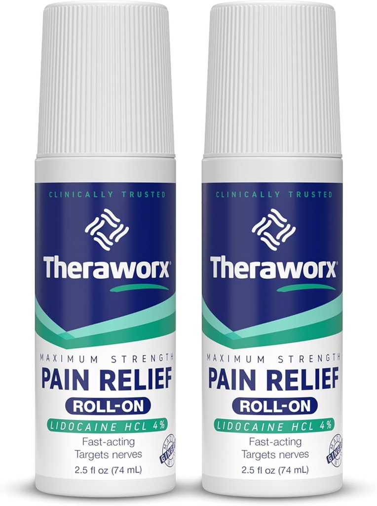 Theraworx Maximale sterkte pijnverlichting Roll-On met Lidocaine, Fast-Active - 2,5 Oz - 2 Tellen