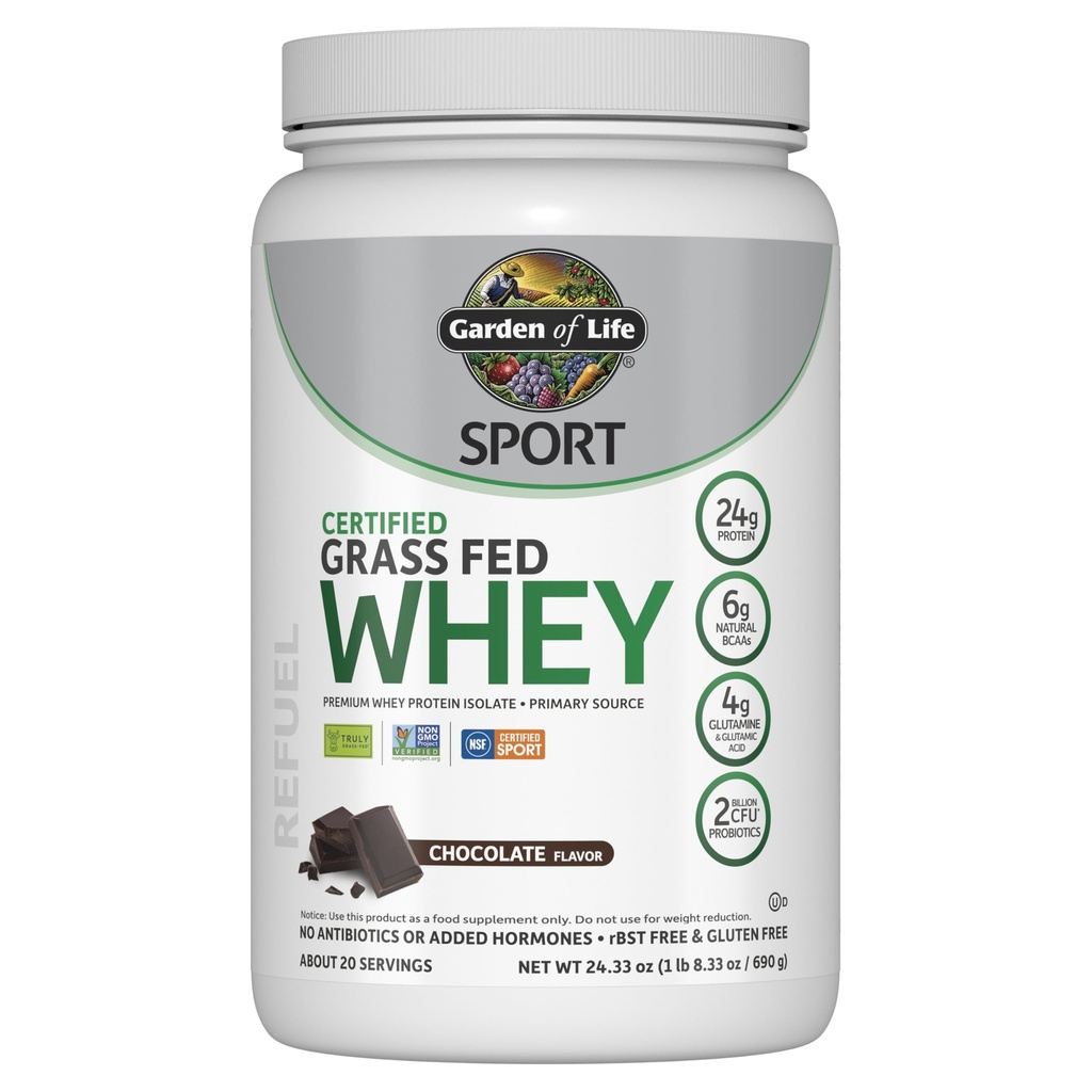 Tuin van het leven Sport Wei Proteïne Poeder Chocolade, Premium Grass Fed Wei Proteïne Isolaat Plus Probiotica voor de gezondheid van het immuunsysteem, 24g Proteïne, Niet GGO, Glutenvrij, Koud Verwerkt - 20 Servers