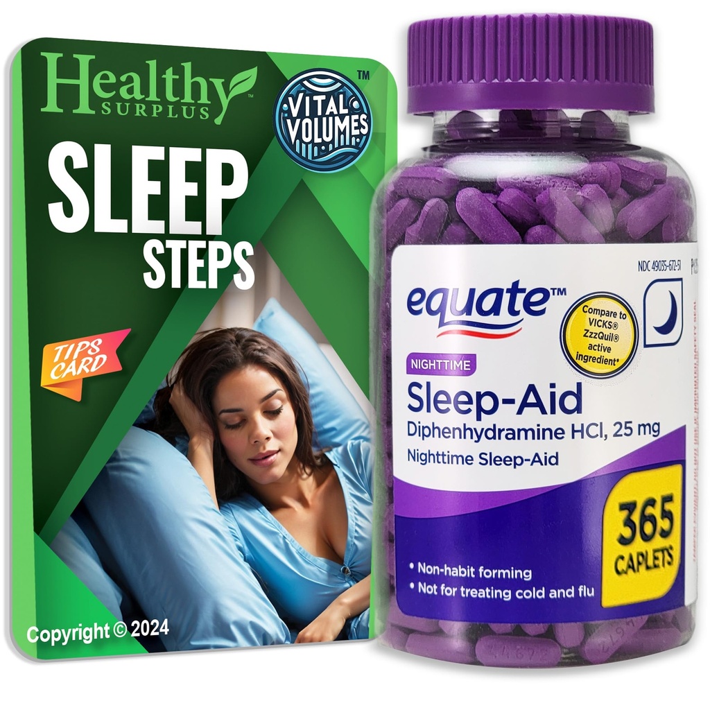 Equate slaap-Aid difenhydramine HCI 25 mg 365 caplets en vitale volumes slaap stappen Tips kaart