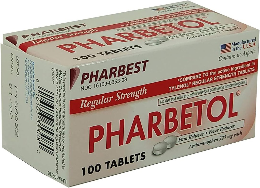 Pharbetol Acetaminofen 325mg Regelmatige sterkte, Pijnstiller, Koortsreducer Tabletten, 100 Tellen (Pack of 1)