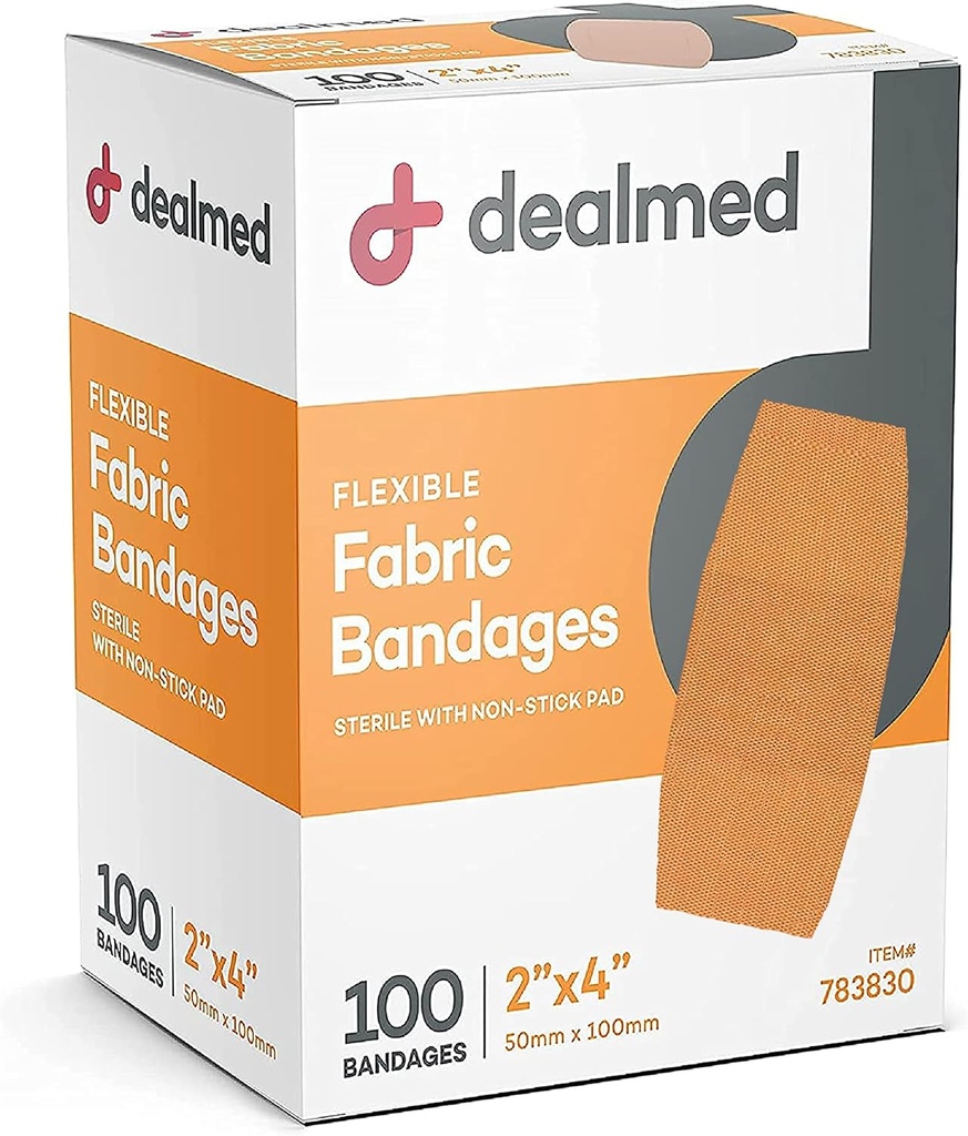 Dealmed Fabric Flexible Adhesive Bandages with Non-Stick Pad, Latex Free, Wound Care for First Aid Kit, 2" x 4" (Box of 100)