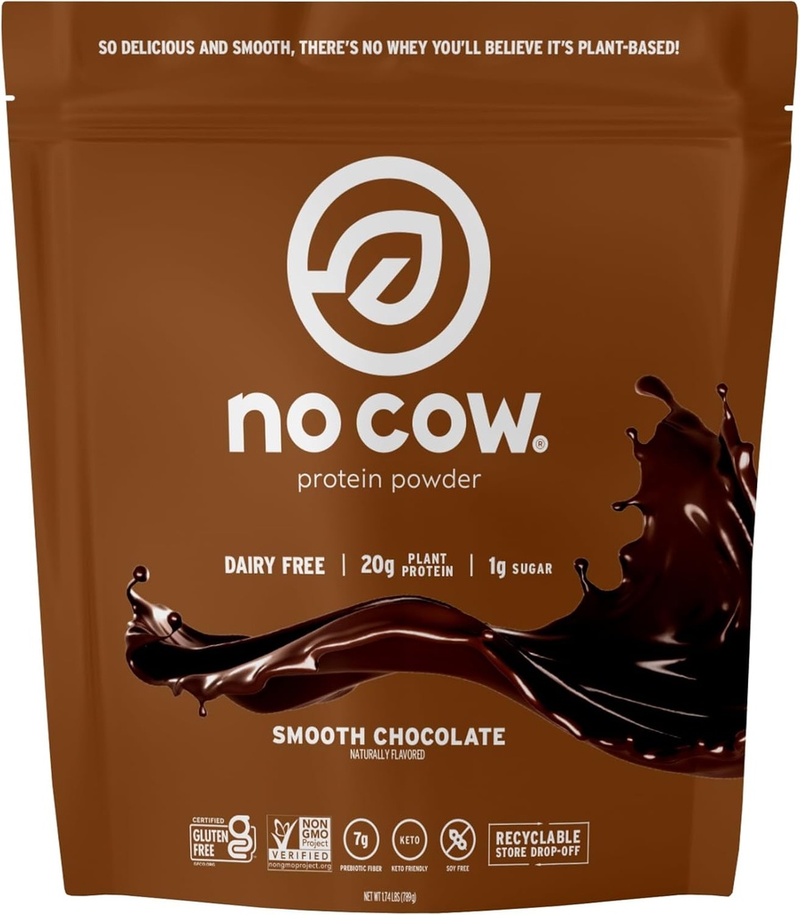 Geen koe Vegan eiwit poeder, chocolade, 20g plantaardige eiwit, recycleerbare zak, zuivelvrij, sojavrij, geen suiker toegevoegd, Keto vriendelijk, glutenvrij, natuurlijk zoet, niet GGO, Kosher, 1,74 pond