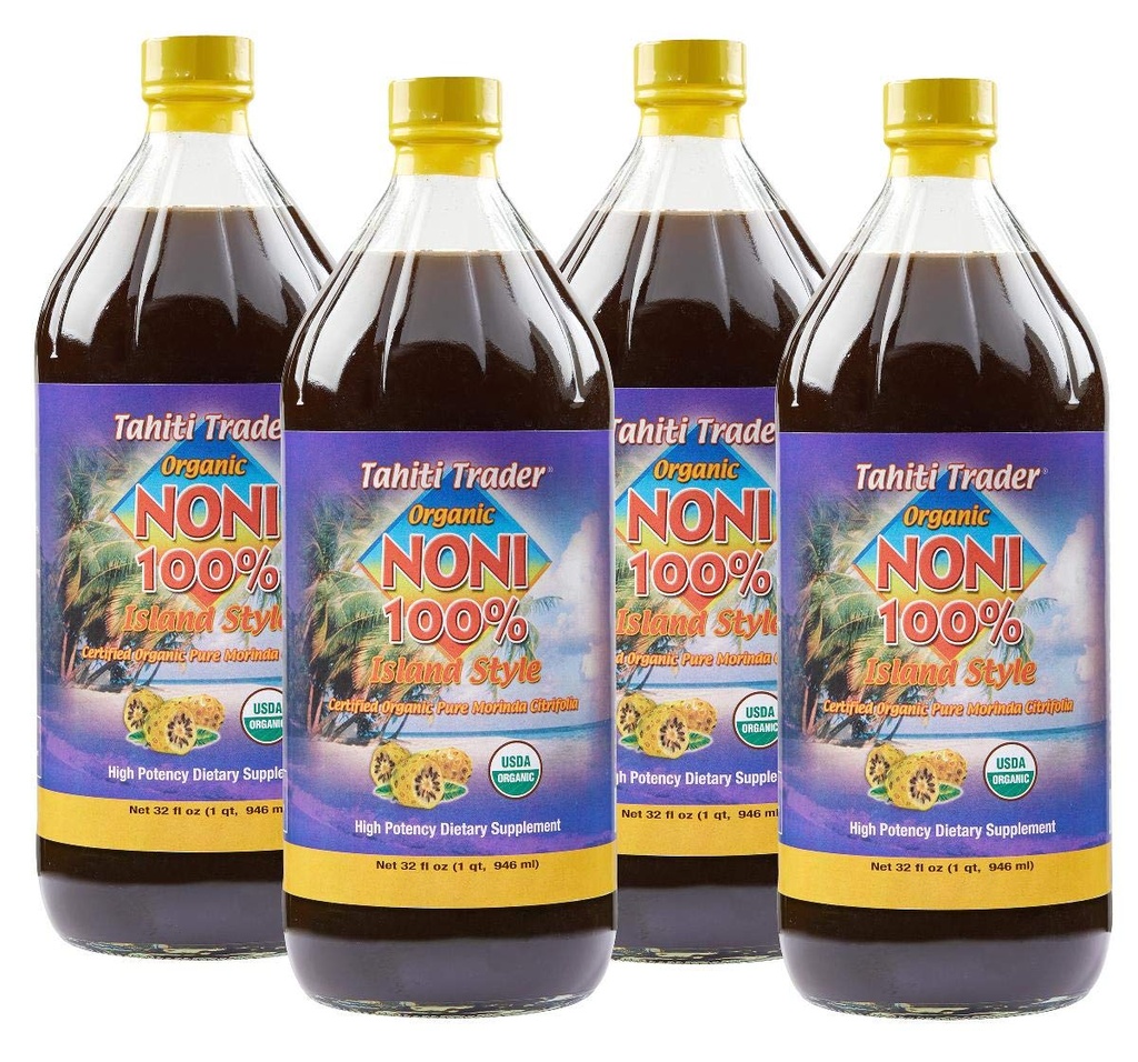 Tahiti Trader Island Style High Potency Noni Juice - Pure Noni Fruitsap Gefermenteerd tot Azijn - Organic Antioxidant Superfood Support Energy & Body Health - (32oz, 4 Pack)