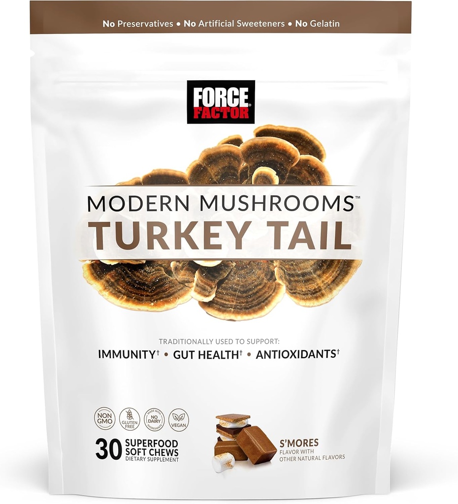 FORCE FACTOR Modern Mushrooms Soft Chews, Turkey Tail Mushroom Supplement to Support Immunity, Digestive Health, and Vitality, Antioxidants Supplement, Delicious S’Mores Flavor, 30 Soft Chews