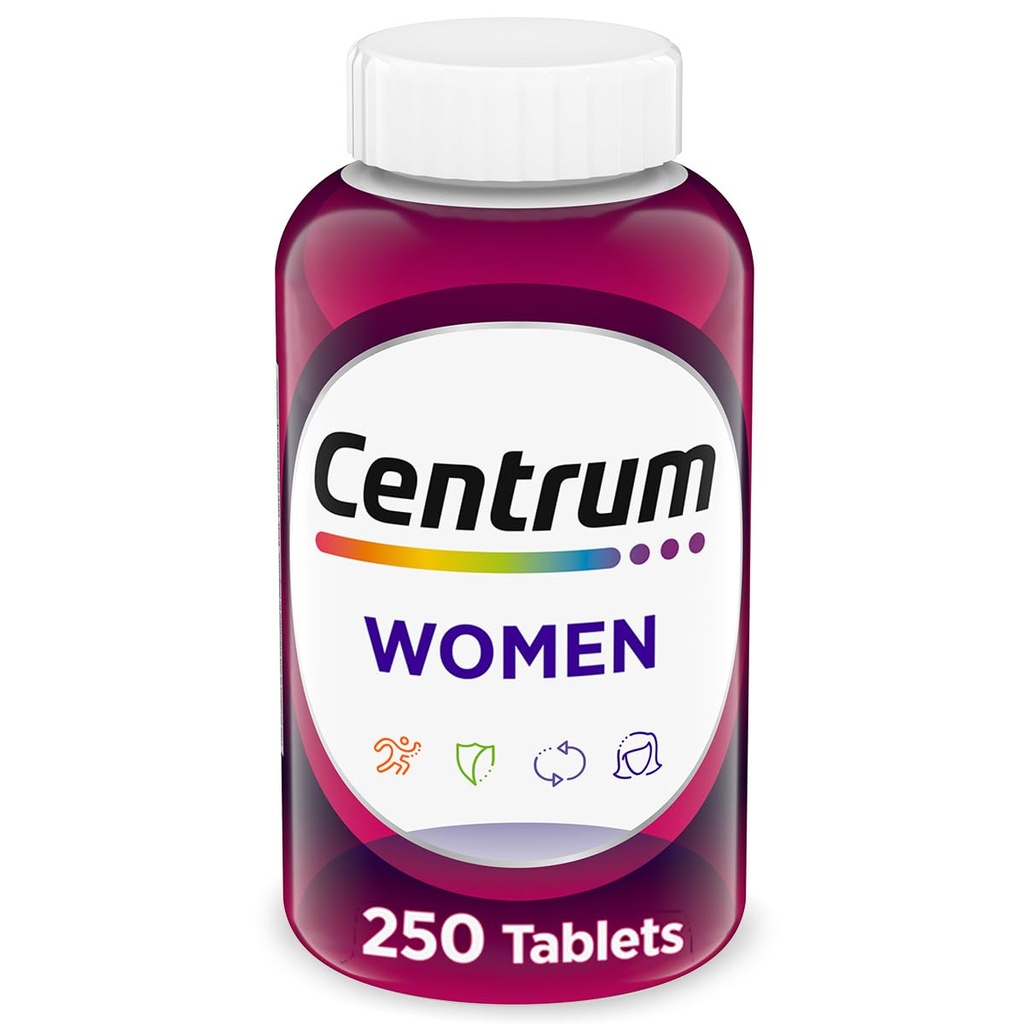 Centrum Multivitamine voor vrouwen, Multiminerale Supplement met ijzer, vitamine D3, B Vitaminen en Antioxidant Vitaminen C en E, Glutenvrij, Non-GMO Ingrediënten - 250 Tel.