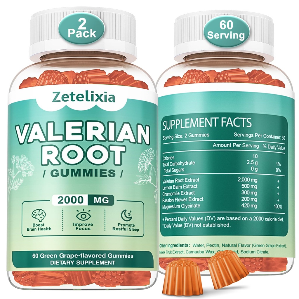 2 Pack Biologische Valeriaan wortel Gummies, Natuurlijke Kalm om te helpen ontspannen, Kruidensupplement voor goede ondersteuning, Melatonine Vrij, Non-GMO, Glutenvrij, Veganistisch, Groene druivensmaak, 120 Tellen