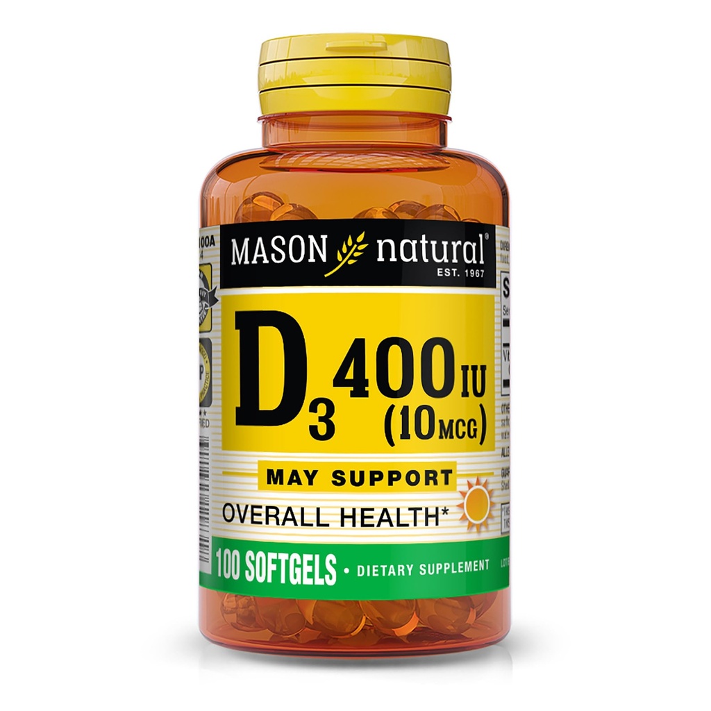 MASON NATUURLIJKE Vitamine D3 10 mcg (400 IE) - Ondersteunt de algehele gezondheid, versterkt de botten en spieren, 100 Softgels
