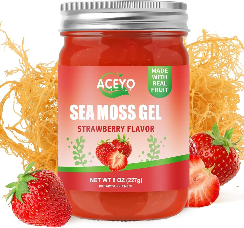 (8 OZ) Natural Sea Moss Gel Raw Strawberry Flavor Ierse Seamoss Gel Vegan Vrouwen Mannen 102 Vitaminen en Mineralen Wild Geoogst Non-GMO Immune Defense Booster Lung Thyroid Digestieve Ondersteuning