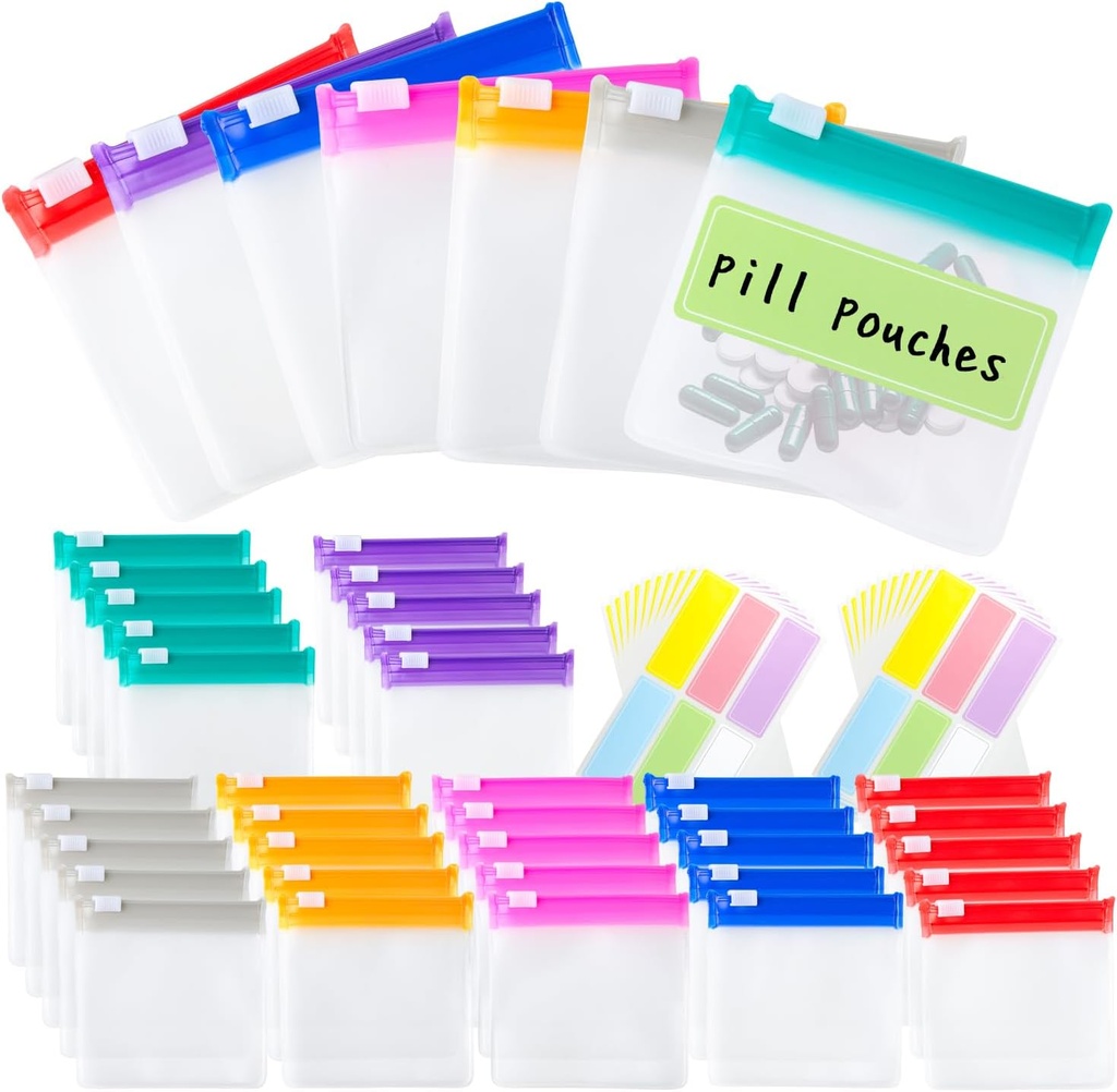 Pill Pouch Tassen Herbruikbare reis pil zakjes met labels Set 35 stuks pil Baggies Dagelijkse geneeskunde pil Organizer Kleine geneeskunde Bag Zelfverzegeling Plastic pil Pakjes met schuifslot (7 kleuren)