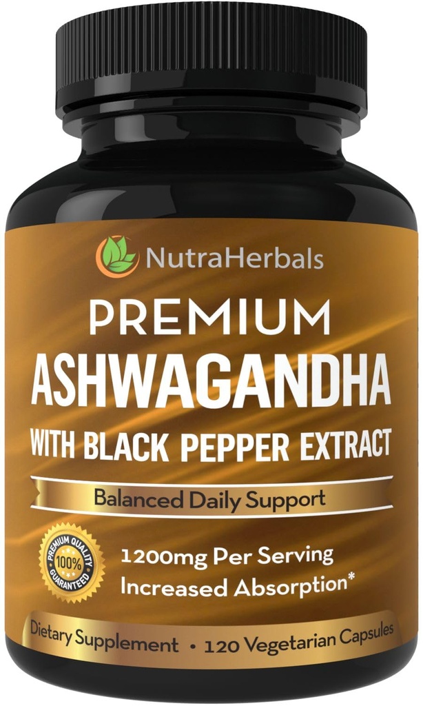 Ashwagandha Supplement Made with Premium Ashwaganda Root Powder 1200mg with Black Pepper Extract for Increased Absorption - 120 Capsules