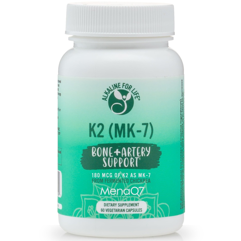 Alkaline for Life Vitamin K2 MK-7 MenaQ7 | 180 mcg Menaquinone-7 from Fermented Chickpea | Bone + Artery Support | Patented K2 MK7, Soy-Free, Non-GMO, Gluten-Free | Vegetarian Capsules | 60 Count