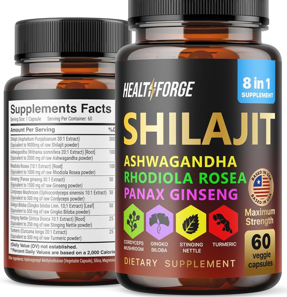 Silajit Capsules Organic Extract Blend 60 Capsules for Men & Women - Shilajit Supplement 9000mg Ashwagandha, Immune Support Supplement 2000mg Rhodiola Supplement, Ginko Ginkgo Biloba