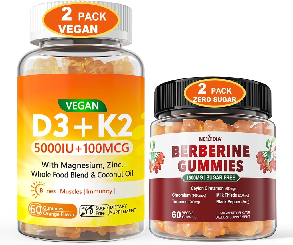 2Pack Vegan vitamine D3 5000IU K2 Gummies+ 2Pack Berberine supplement 1500mg Gummies