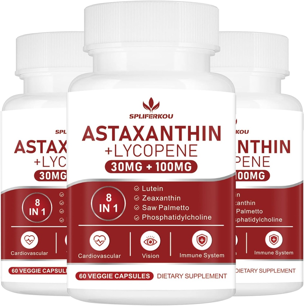 Astaxanthine en Lycopeen 70 mg,Astaxanthine Supplement met Fosfatidylcholine, Luteïne en Zeaxanthine, Krachtige Antioxidanten Supplement (180 Capsules)