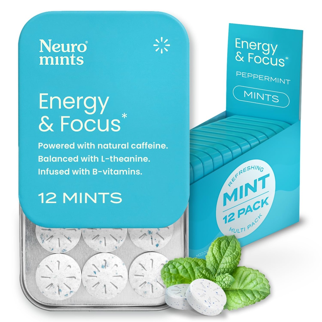 NeuroGum Energie Cafeïnemunten (144 stuks) - Suikervrij met L-theanine + Natuurlijke Cafeïne + Vitamine B12 & B6 - Nootrope Energie & Focus Supplement voor vrouwen & mannen - Keto & Vegan, Pepermunt smaak