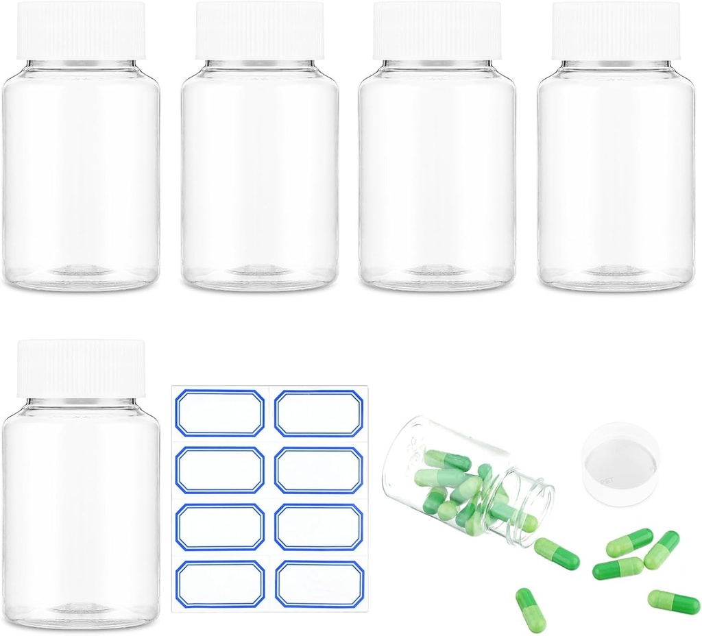 Clear Pill Bottle 6Pcs Empty Medicine Organizers Plastic Pill Bottles Transparent Reagent Containers 80ml Large Jar Powder Storage Leak Proof Caps for Liquid Solid Powder Home Toiletries