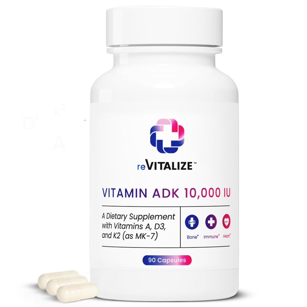 ADK vitaminesupplement 10.000 IE - 90 porties, hoge potentie vitamine A, D3 & K2 (MK-7) voor botsterkte Ondersteunt de hartgezondheid en immuunfunctie - gunstige capsulevorm