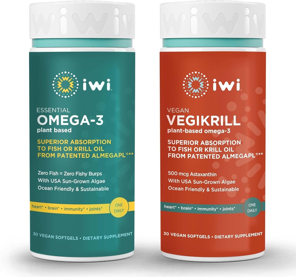 Iwi Omega-3 Essential & Vegikrill Omega-3 Bundle, 30 Servings, Vegan Plant Based Algen Omega 3, Krill & Fish Oil Alternative, No Fishy Aftersmaak