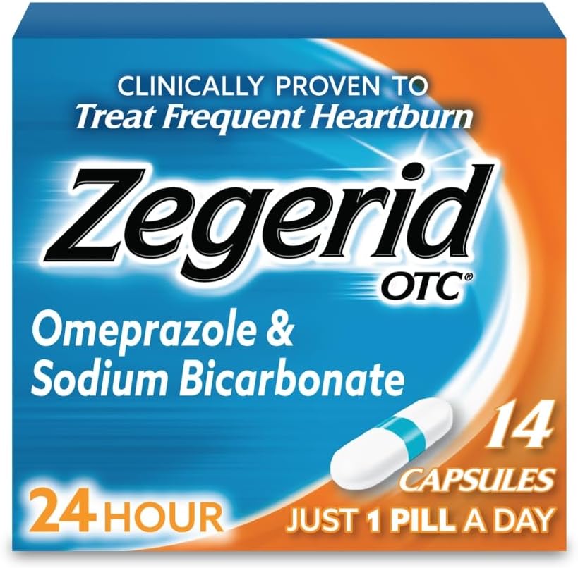 Zegerid OTC 24-uurs Heartburn Relief, The Only Proton Pump Remmer with Omeprazol 20mg + Sodium Bicarbonaat, Treats Frequent Heartburn, 14ct Capsules