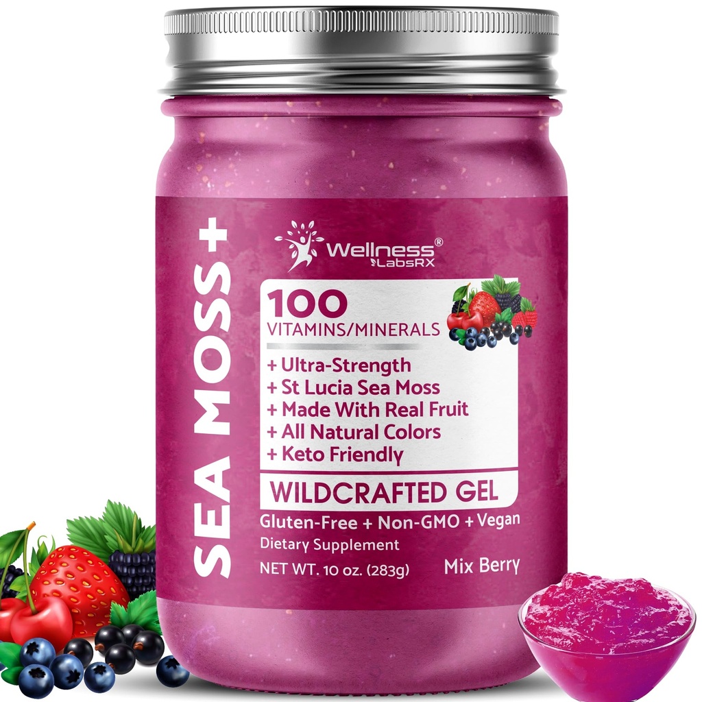 WELLNESS LABSRX Irish Sea Moss Gel Raw - Wildcrafted Superfood Seamoss Gel - Mix Berry Smaak, Vitamine en Mineraal-Rijk van Pristine Caribbean Waters, Immune en Digestieve Gezondheid Ondersteuning - 10 oz.