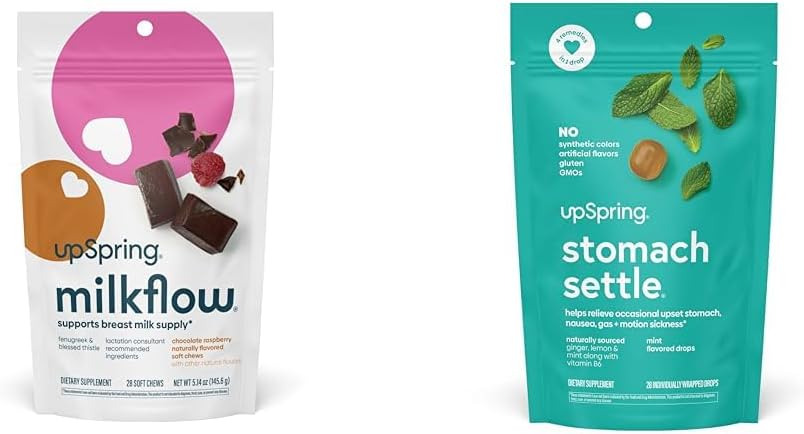 UpSpring Milkflow SoftChews, Borstvoeding supplement met Fenegriek & Gezegende Thistle + UpSpring Maag settel druppels voor af en toe Misselijkheid Relief/Upset Maag met Ginger, Lemon, Spearmint en B6.