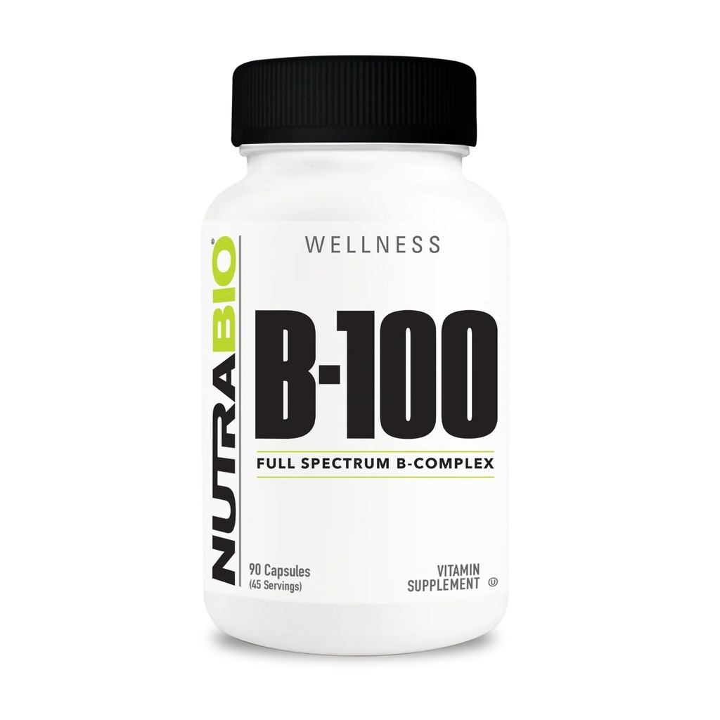 NutraBio B-100, B Vitamine Complex, Immuun Systeem Ondersteuning, Gezond Haar, Huid, Nagels, 90 Plantaardige Capsules