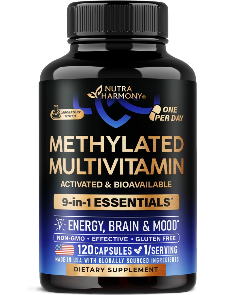 Methylated Multivitamin - B2, B6, 5-MTHF & B12 | Antioxidants C & E | Vitamin D3 & K2 - for Men & Women - 9-in-1 MTHFR Supplement with TMG - Energy, Brain & Mood - Vegan - Made in USA - 120 Capsules