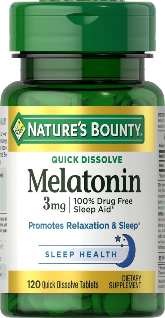 Nature's Bounty Melatonine, bevordert ontspanning & Slaap, 100% Drug Gratis Slaaphulp, 3 mg, 120 Quick Solution Tablets