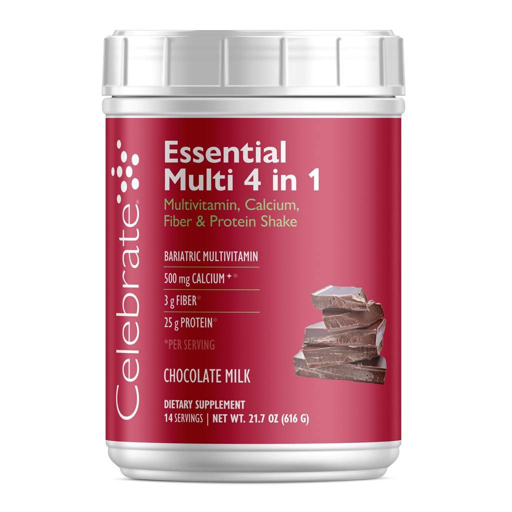 Vier vitamines Essential Multi 4-in-1 Powder - Bariatric Multivitamine, 500mg Calcium, 4g Fiber, 25g Proteïne Shake Mix - Chocolate Milk (14 porties)