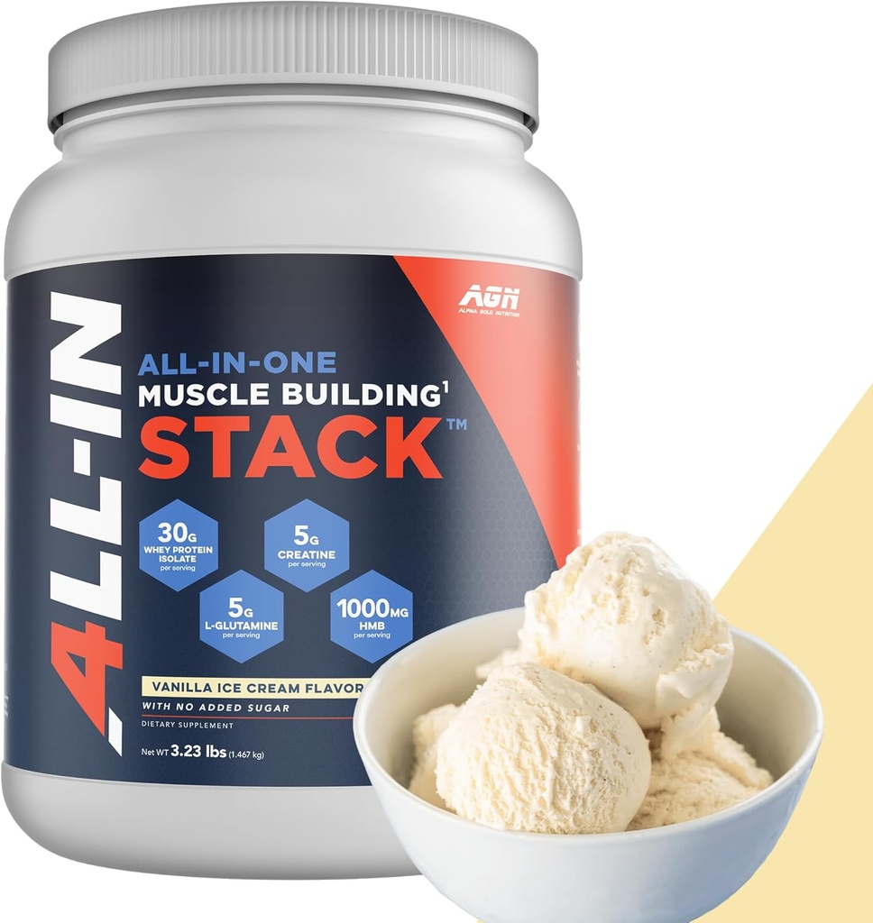 All-in-One Muscle Building Stack - Vanille Wei eiwitisolaat, Creatine Monohydraat, HMB en L-Glutamine, 4 producten in één, Niets Kunstmatig, 30 porties