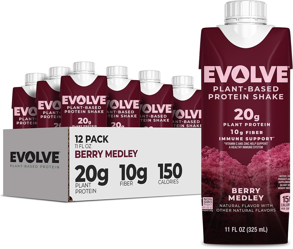 Evolve Plant Based Protein Shake, Berry Medley, 20g Vegan Protein, Immune Support, Vitamine C & Zink, Dairy Free, No Artificial Sweeteners, Non-GMO, 10g Fiber, 11oz, (12 Pack) (Formule May Vary)