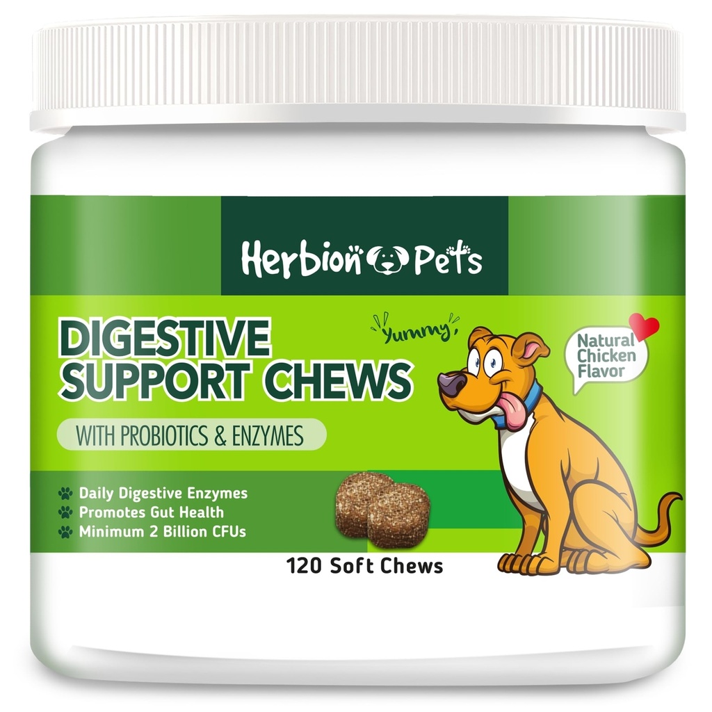 Herbion Huisdier Digestieve ondersteuning Kauwen met Probiotica & Enzymen, 120 Zachte Kauwen, met Dagelijkse Digestieve Enzymen, voor Verbeterde Gut Health, Minimum 2 Miljard CFUs, Made in USA voor Honden 12 weken +, Pack 1