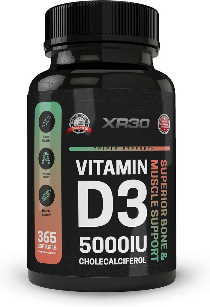 Vitamine D3 5000IE Cholecalciferol - Superior Bone & Muscle Support - 365 Softgels - Made in USA