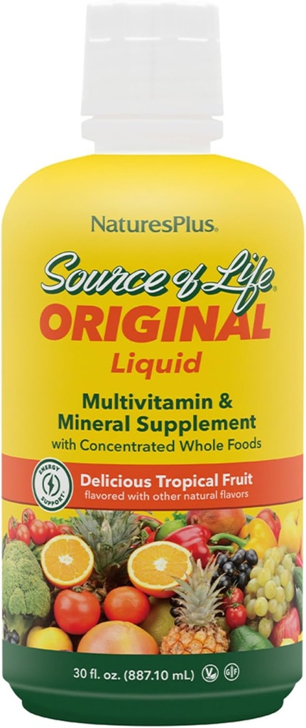 NaturesPlus Levensbron Vloeibaar, Tropisch Fruit - 30 fl oz, Pack of 3 - Multivitamine & Mineral Supplement - Glutenvrij, Vegetarisch - 90 Totaal