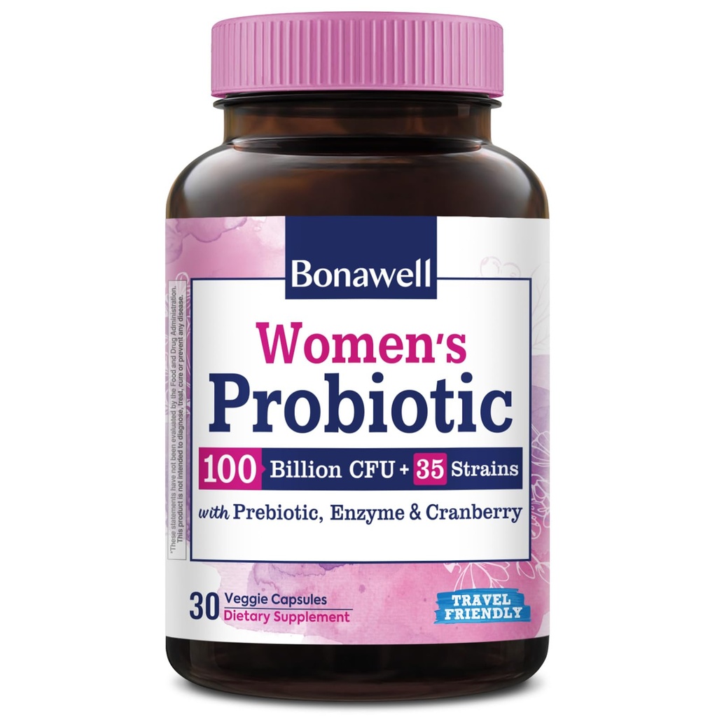 Bonawell Probiotica voor vrouwen 100B, met Prebiotica, Digestieve Enzymen & Biologische Cranberry voor Vrouwelijke Vaginale Gezondheid, Digestie & Immuniteit, Houdbaarheid, Vertraagde Release, 30 Veggie Caps