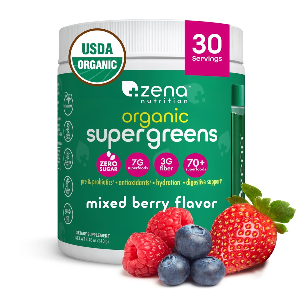 Zena Nutrition Organic Super Greens Powder, 70+ Superfoods, 0 Sugar, 3G Fiber, Spirulina, Chlorella, Antioxidanten, Prebiotica/Probiotica, Digestieve Enzymen, Gemengde Berry, 30 porties
