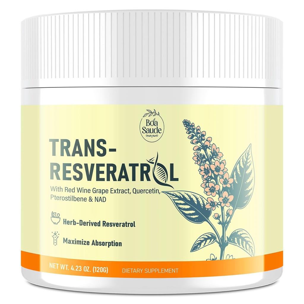Trans-Resveratrol poedersupplement met rode wijnextract, quercetine, pterostilbene & NAD, 4.23 OZ, 30 dagen