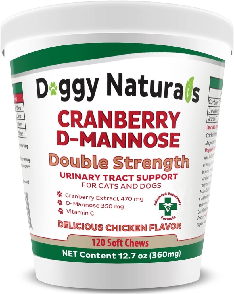 Cranberry D-Mannose voor honden en katten urinetrekinfectie Ondersteuning voorkomt en Elimineert UTI, blaasinfectie Nierondersteuning 11.4 oz (Dubbele kracht Zachte kauw, 120 zachte kauw)
