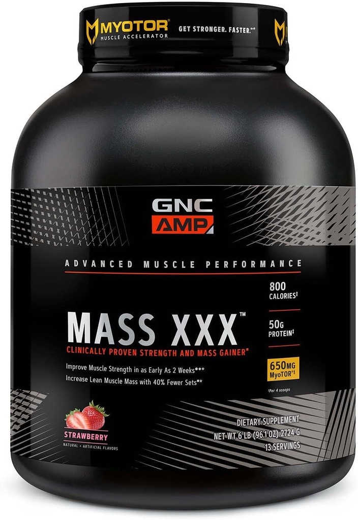 GNC AMP Mass XXX, klinisch bewezen Weight Gainer Protein Powder, verbetert de sterkte en grootte, 780 Calorieën, 50g Proteïne, Micronized Aminozuren, Creatine, Betaine, Aardbei, 13 Servers, 6 Pond