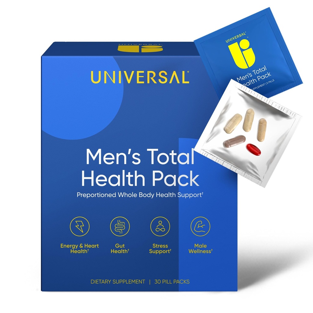 Mannen Total Health Dagelijkse Vitamine Packs - 22 Essentiële Mineralen en Vitaminen voor Mannen, All-in-One Multivitamine Supplement voor Energie, Stress Ondersteuning, Hart, Gut Health met Krill olie, Adaptogenen - 30 Pack